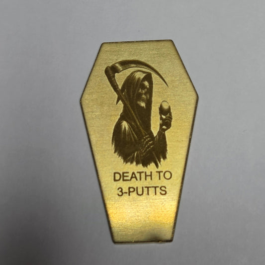 Gold putter head cover with 'Death to 3 Putts' text on a gray background