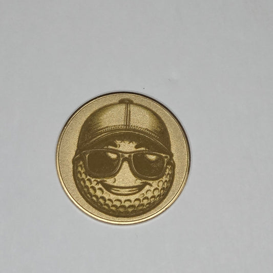 Gold coin with a design on a gray background