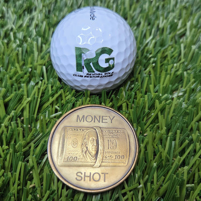 Golf ball and coin on a grass surface