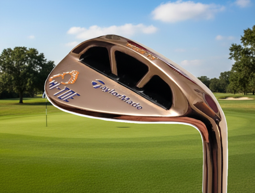 Golf club head with 'TaylorMade' branding on a golf course background