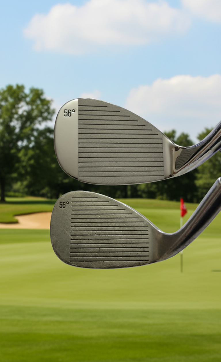 Close-up of a golf club with a golf course in the background