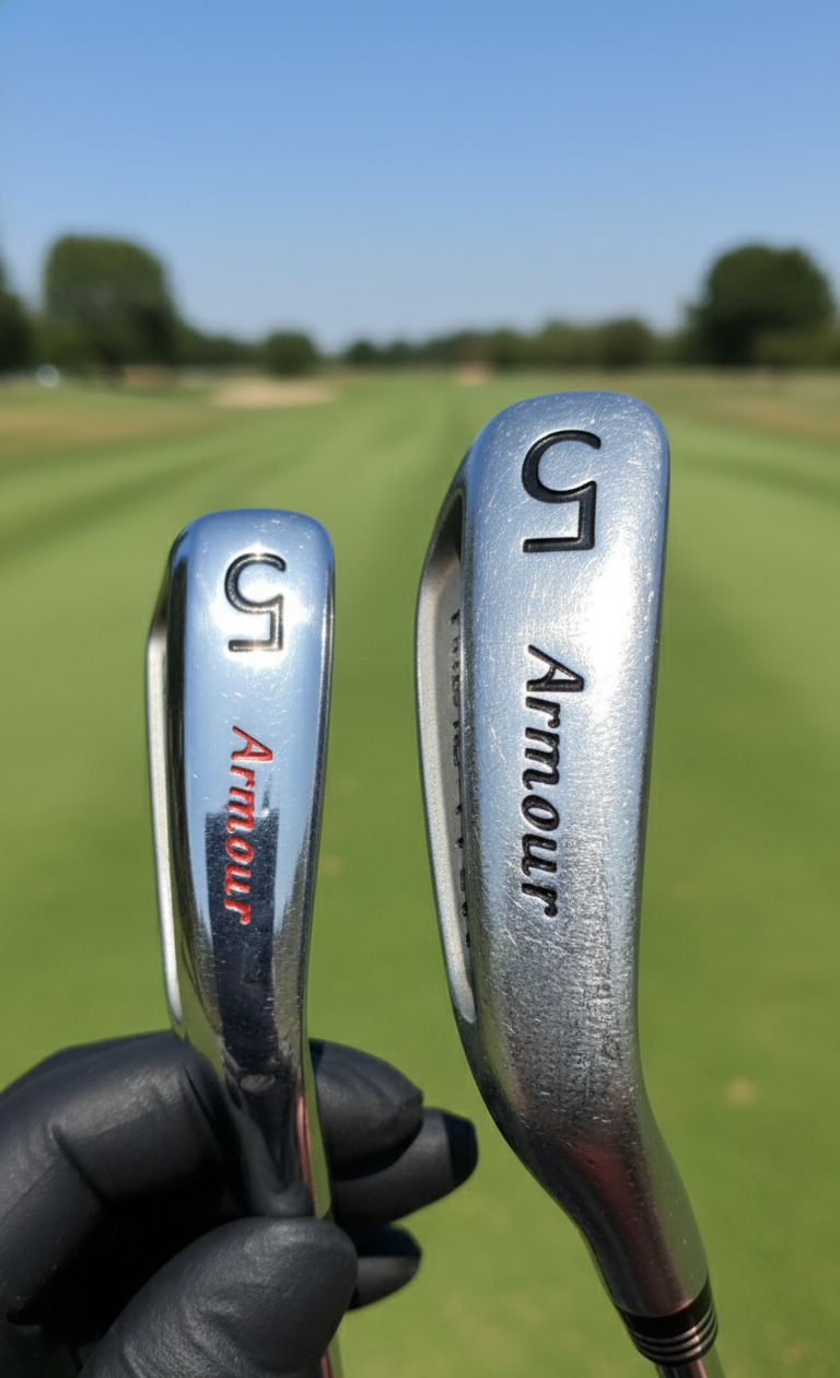 Two golf club heads with 'G Armour' branding held against a golf course background.