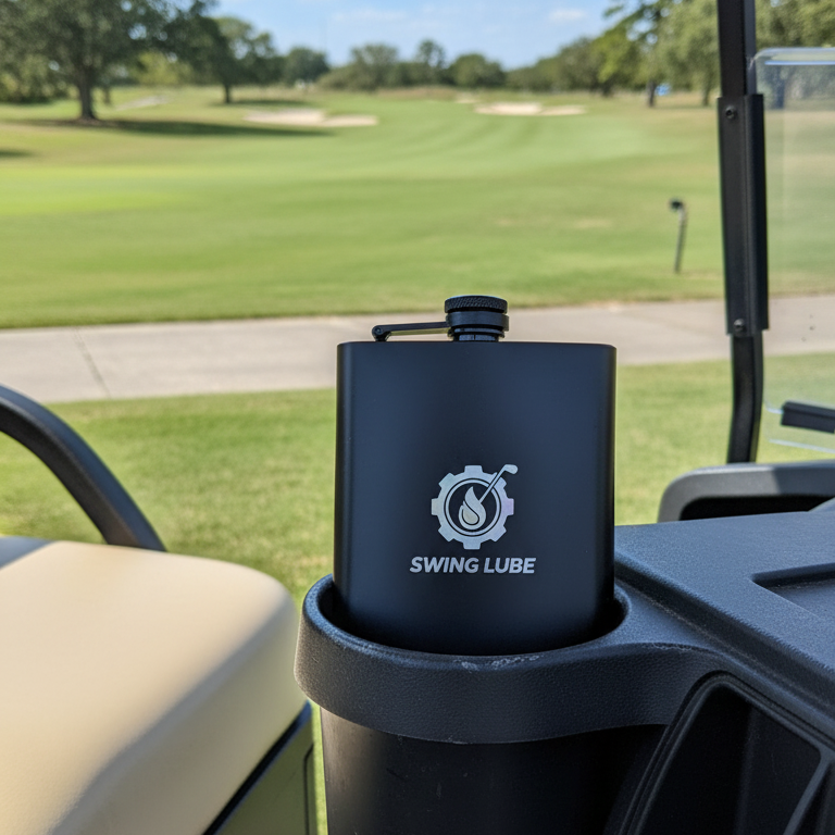 Black container with 'SWING LUBE' branding on a golf cart in a golf course setting