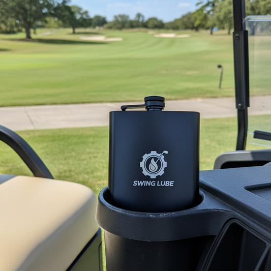Black container with 'SWING LUBE' branding on a golf cart in a golf course setting