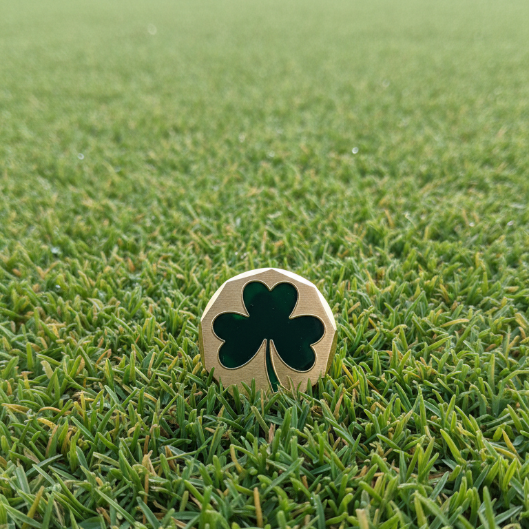Clover-shaped wooden marker on a grassy golf course