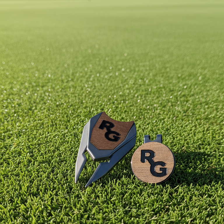 Two wooden golf ball markers with 'RG' logo on a golf course