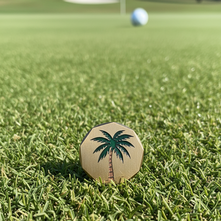 Golf ball with palm tree design on grass with golf course background