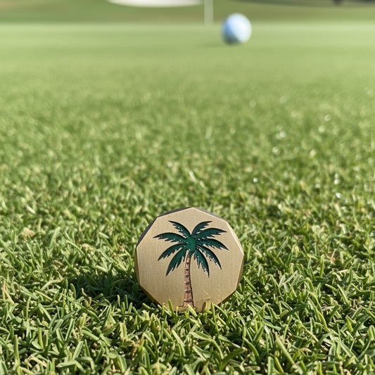 Golf ball with palm tree design on grass with golf course background