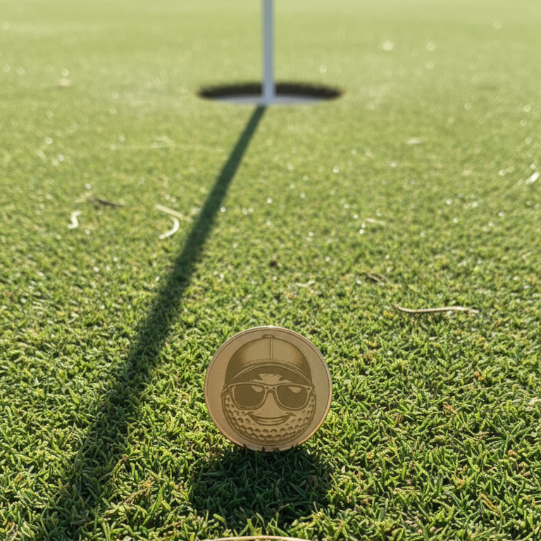 Coin on grass with a flag in the background