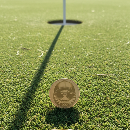 Coin on grass with a flag in the background