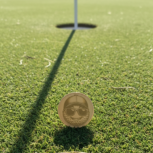 Coin on grass with a flag in the background
